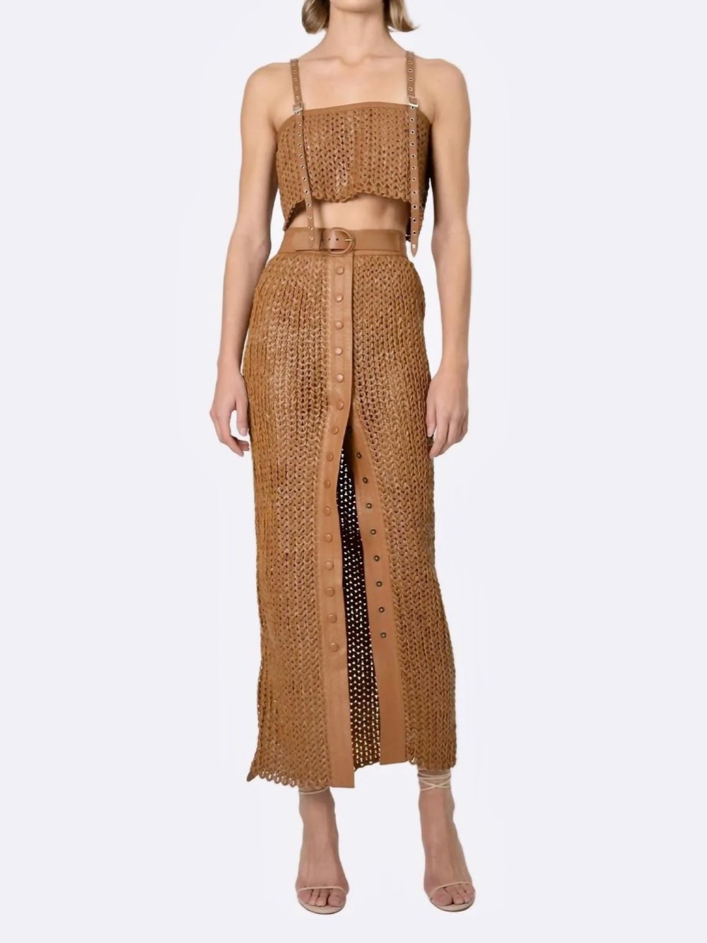 NONCHALANT Label, Genuine Leather Crochet Tan Maxi Skirt with Belt, size M, NWT